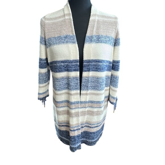 Chico's Sweaters - Chico's Cardigan Duster Size 0 S Petite Blue Cream Striped Lace-Up Sleeve Detail